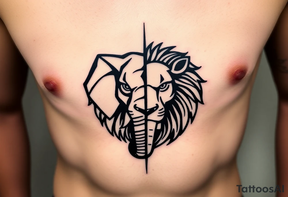 A half elephant half lion head divided by a vertical line on a ribcage using abstract geometric tattoo idea