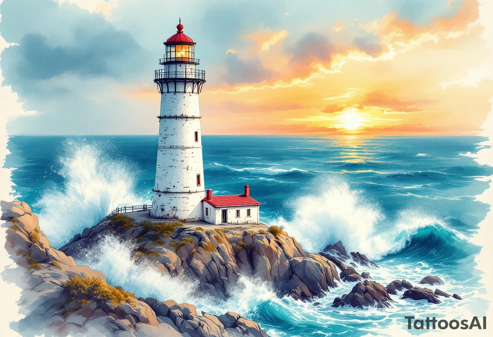 A tall, weathered white lighthouse with a bright red roof and railing, standing boldly on a rocky cliff surrounded by crashing teal-blue waves and glowing under a golden-orange sunset sky. tattoo idea