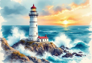 A tall, weathered white lighthouse with a bright red roof and railing, standing boldly on a rocky cliff surrounded by crashing teal-blue waves and glowing under a golden-orange sunset sky. tattoo idea