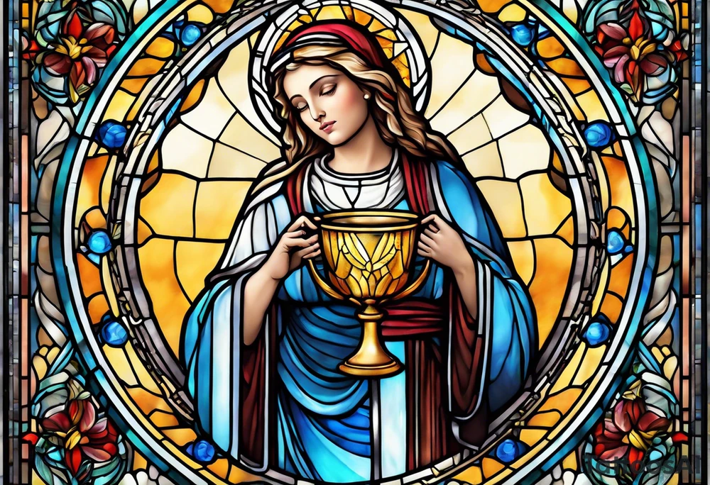 holy saint woman with halo stained glass holding a chalice tattoo idea