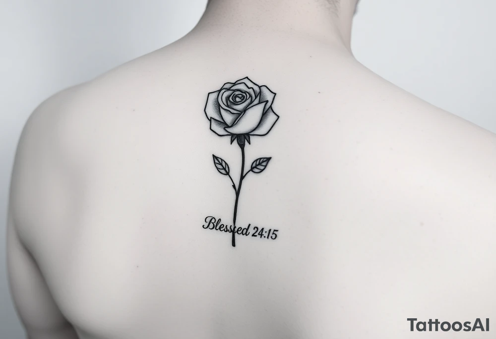 fine-line rose on my inner wrist, with the stem flowing down into the word Joshua 24:15 in tiny clean text underneath. Blessed added tattoo idea