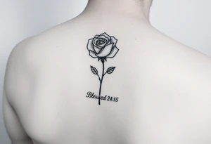 fine-line rose on my inner wrist, with the stem flowing down into the word Joshua 24:15 in tiny clean text underneath. Blessed added tattoo idea