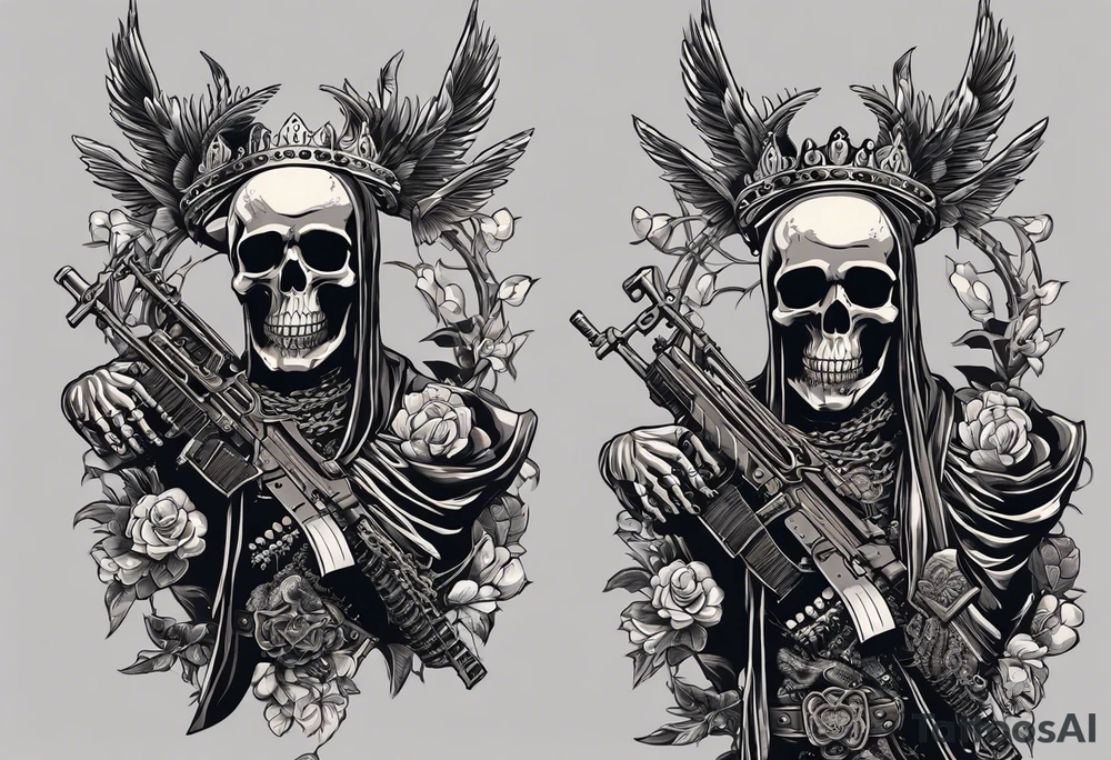 image of a skeleton standing frontally with a crown on his head, holding an AK-47 on his shoulder with his right hand. The chain on the left should be taut, there are three angry barking Dobermans in it, near the waist tattoo idea