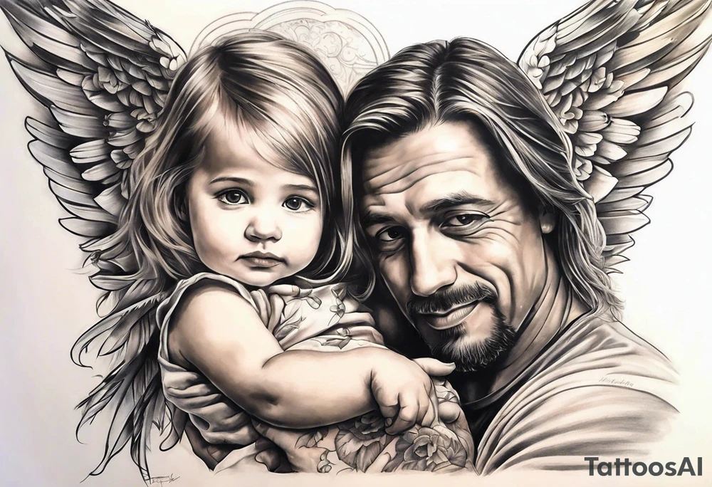 Tattoo of father holding his daughter.  As an angel (RIP) Daddy loved music tattoo idea