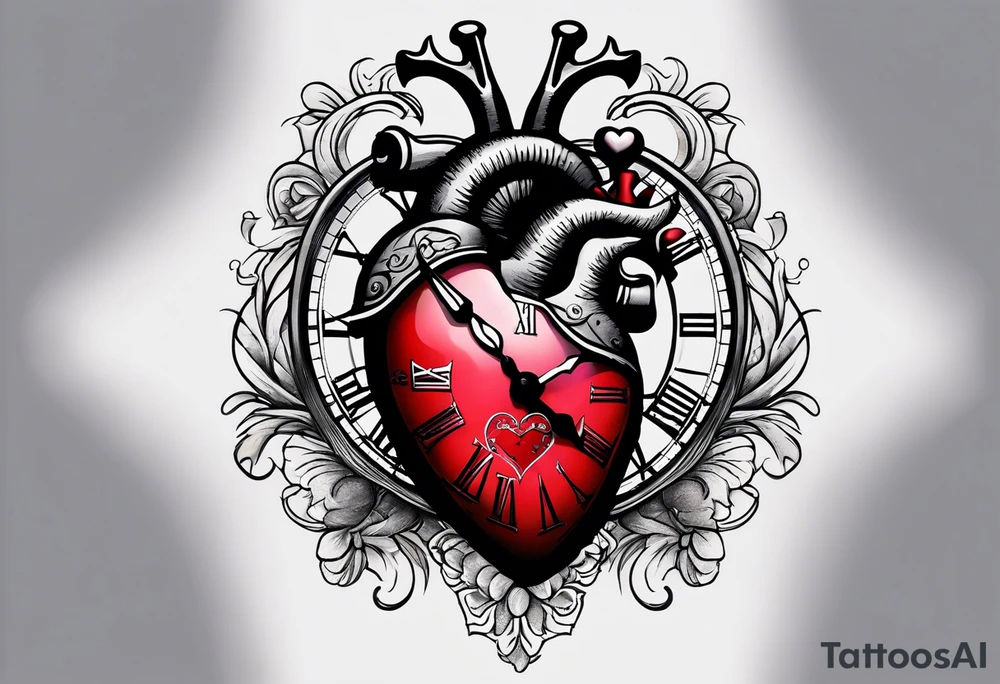 anatomical heart with clock in middle.
Clock hands on 8 and 5.
Never Say Never written on tattoo tattoo idea
