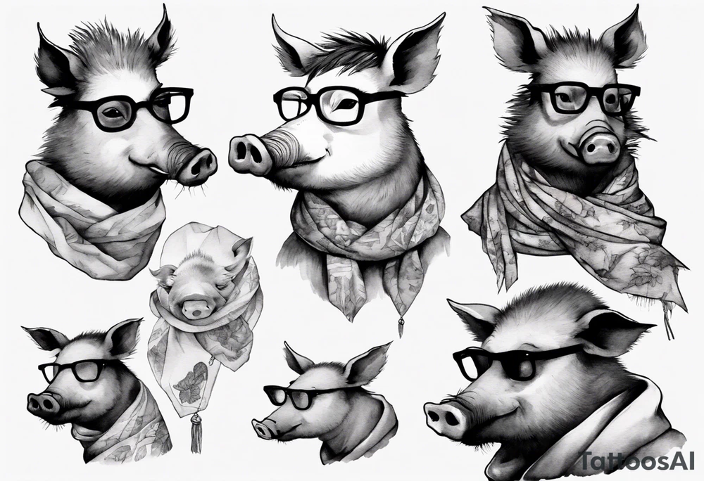 a wild boar wearing spectacles and a scarf tattoo idea