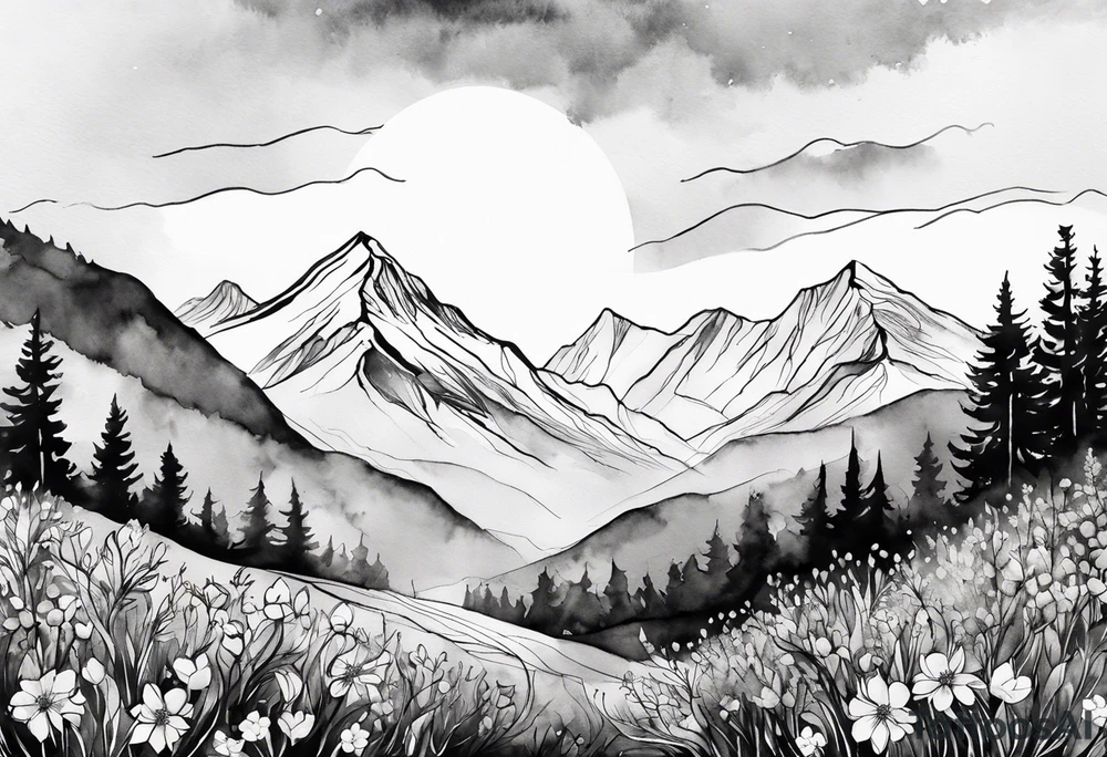 4-6in wildflower in watercolor represents overcoming challenges & strength - mountains, waves with a little sunshine tattoo idea