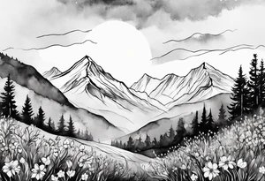 4-6in wildflower in watercolor represents overcoming challenges & strength - mountains, waves with a little sunshine tattoo idea