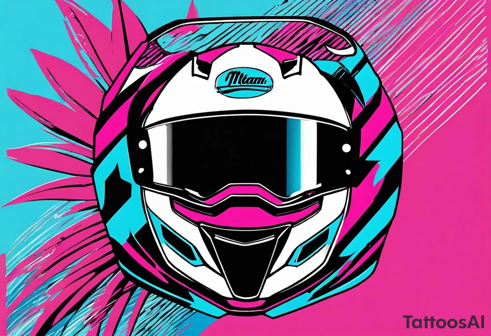 Formula 1 Helment with the Miami name a palm tree and pink black and light blue colors tattoo idea