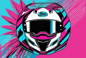 Formula 1 Helment with the Miami name a palm tree and pink black and light blue colors tattoo idea