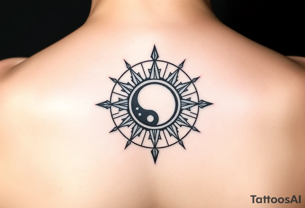 Compass with no declination marks shaped like a sun with a moon at the center of the image tattoo idea