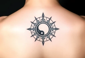 Compass with no declination marks shaped like a sun with a moon at the center of the image tattoo idea