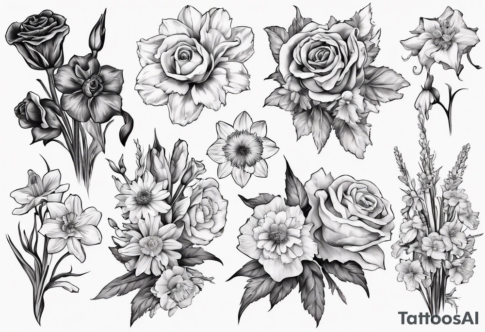 Flower bouquet with daffodil, rose, Larkspur, gladiolus, aster, marigold, chrysanthemum, narcissus tattoo idea