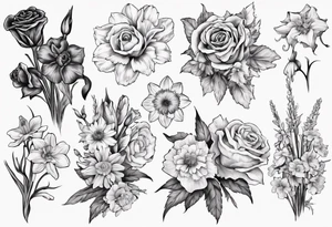 Flower bouquet with daffodil, rose, Larkspur, gladiolus, aster, marigold, chrysanthemum, narcissus tattoo idea