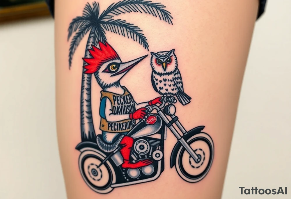 Woody the woodpecker wearing a leather vest that says peckerwoods, on a Harley Davidson under a palm tree, gazing in love at a barn owl tattoo idea