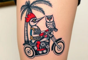 Woody the woodpecker wearing a leather vest that says peckerwoods, on a Harley Davidson under a palm tree, gazing in love at a barn owl tattoo idea