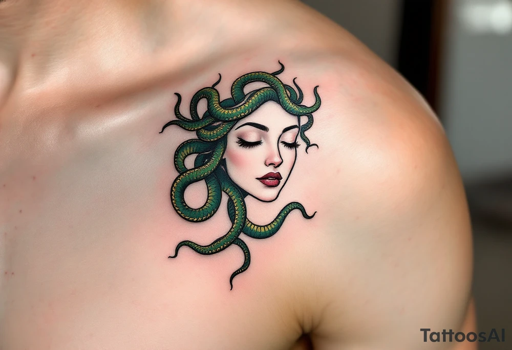A minimalist Medusa with serpentine hair, where each snake is subtly represented by thin, flowing lines, creating a soft, almost abstract look. Her eyes are closed, evoking a calm yet mysterious expression. The snakes are shaded with shades of green, ranging from emerald to olive, with delicate touches of gold along their scales to give a mystical glow. tattoo idea