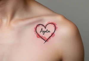 A black heart outline with the name "Agata" written inside, surrounded by a faded watercolor gradient of soft peach and red tones. tattoo idea