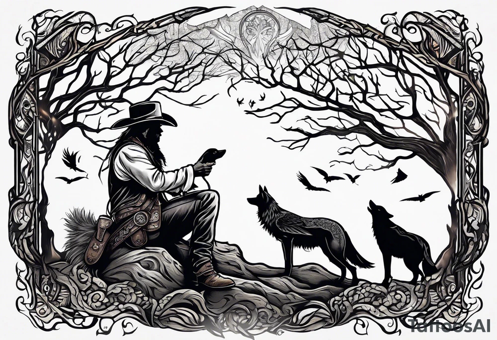 cowboy near death
 sitting in front of a fire with the tree of life behind him and a wolf and a raven tattoo idea
