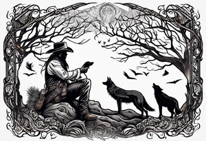 cowboy near death
 sitting in front of a fire with the tree of life behind him and a wolf and a raven tattoo idea
