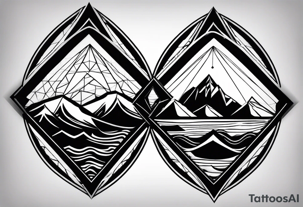 Übersetzter Text
tattoo fineline style, black, no fill, säntis mountain massif, water wave, a large semi-circle with two small colored stars frames the mountain peak, an open diamond as a geometric shape with dashed lines surrounds everything with the water overhanging the diamond, tattoo idea
