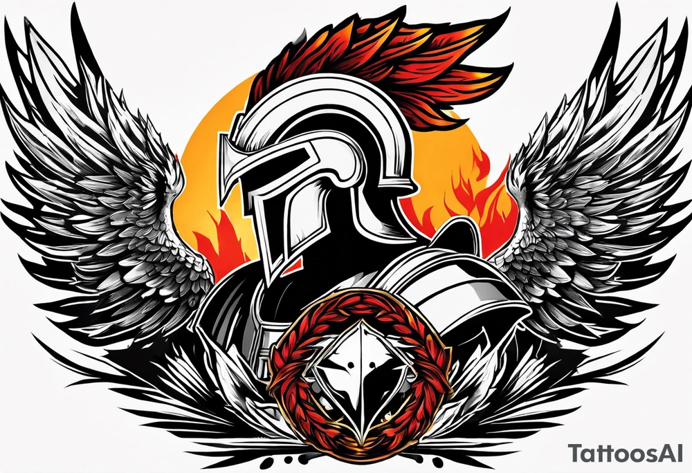 A Spartan Helmet with a phoenix encompassing it. The head of the phoenix would be above it and the wings would go around it and the tail would be below it tattoo idea