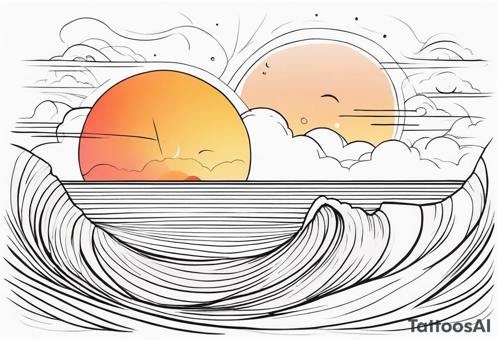You're adding way too much. Please tone it back. Fine line, minimal sunset. Only Ocean and sunset in the image. Very calm waters with barely any waves. tattoo idea