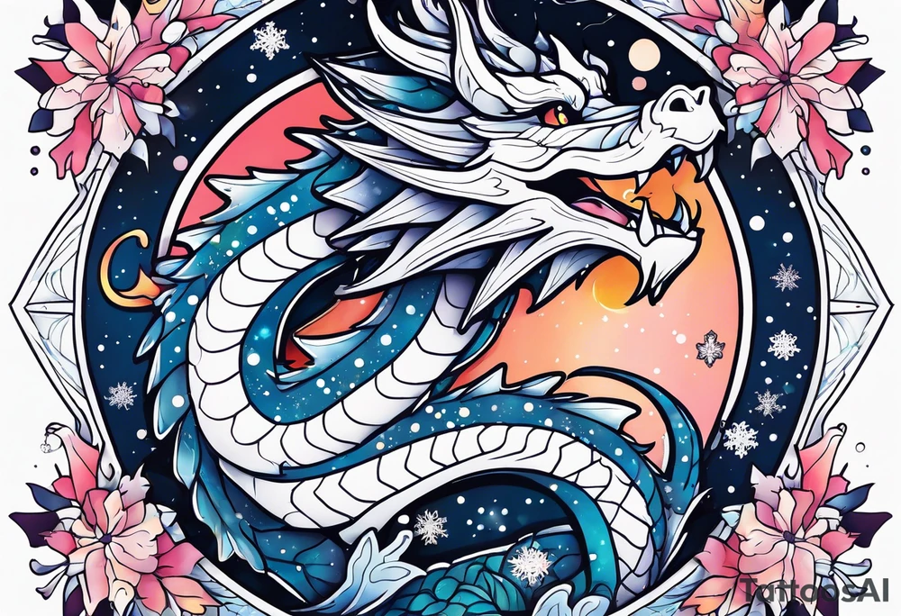 Constellation, kawaii dragon, snowflake tattoo idea