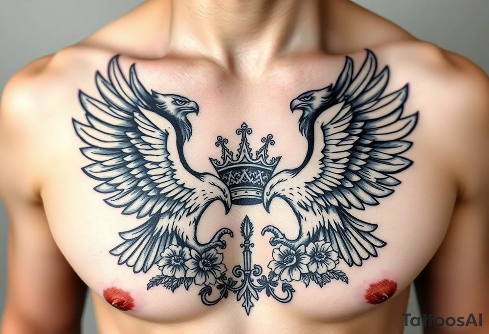 Chest tattoo,powerful two symetrical majestic eagles, surrounded by floral ornaments and lure, between eagles a crown tattoo idea
