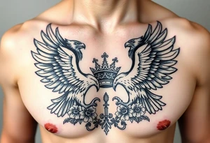 Chest tattoo,powerful two symetrical majestic eagles, surrounded by floral ornaments and lure, between eagles a crown tattoo idea