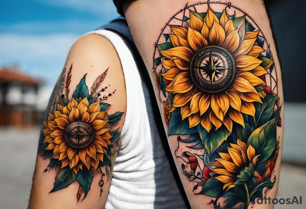 Sunflower next to a compass tattoo idea
