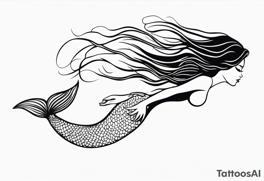 mermaid, long hair, diving like a dolphin face in profile tattoo idea