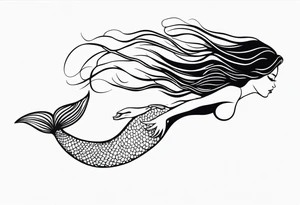 mermaid, long hair, diving like a dolphin face in profile tattoo idea