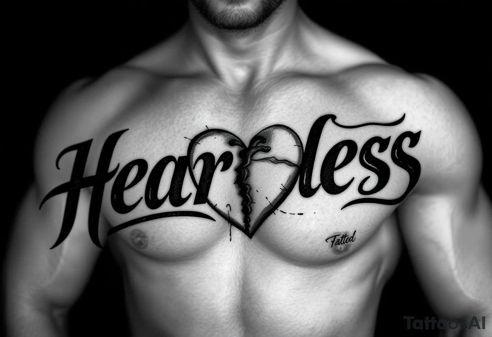 Heartless words written in majuscule with broken real heart design tattoo idea