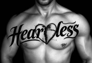Heartless words written in majuscule with broken real heart design tattoo idea