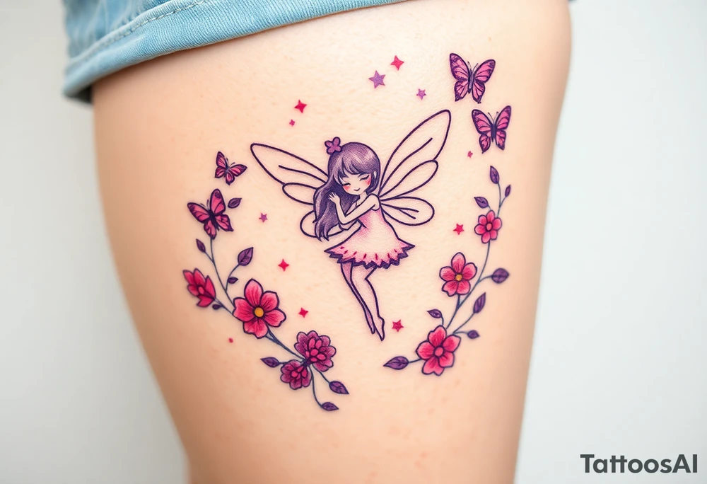 Whimsical fairy surround by pink and purple flowers and butterflies and sparkles tattoo idea