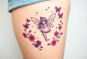 Whimsical fairy surround by pink and purple flowers and butterflies and sparkles tattoo idea