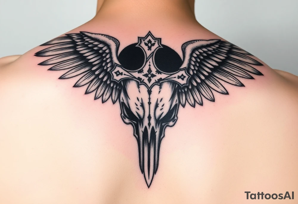 Leviathan cross etched on the skull of a raven with a cosmic black hole background tattoo idea