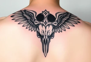 Leviathan cross etched on the skull of a raven with a cosmic black hole background tattoo idea