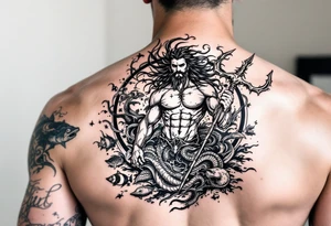 poseidon with trident, surrounded by water and marine life tattoo idea