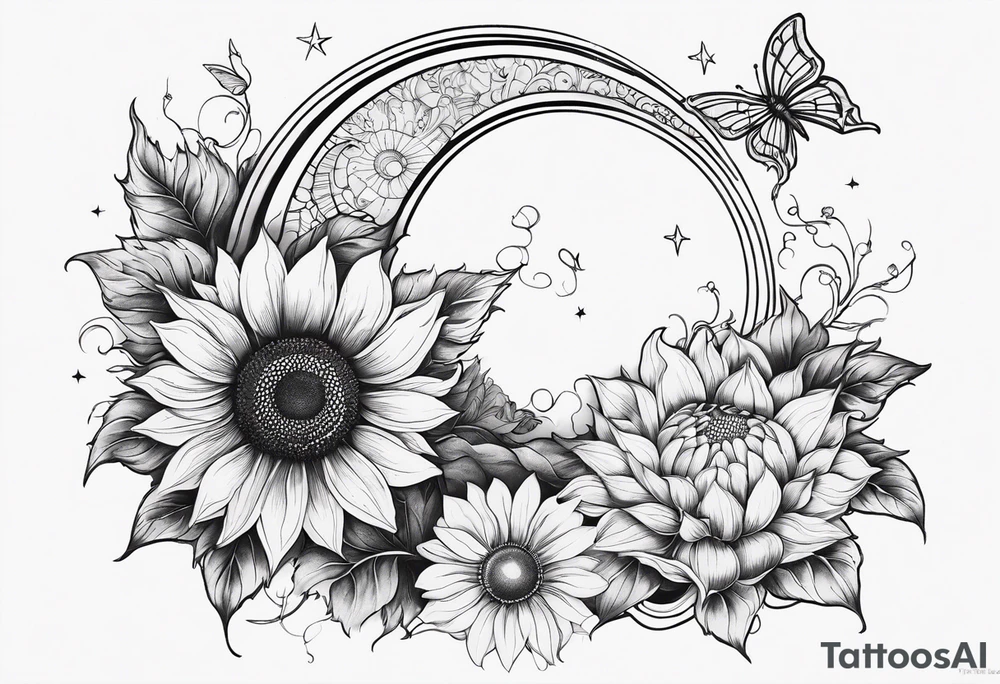 Zodiac sign Cancer, moon, sunflower, flowers, fairy, love, kind, fierce, sun, caring, butterfly, stars tattoo idea