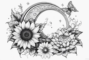Zodiac sign Cancer, moon, sunflower, flowers, fairy, love, kind, fierce, sun, caring, butterfly, stars tattoo idea