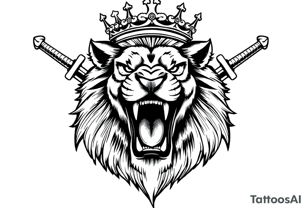 Fierce lion roaring, crown tilted, crossed swords framing its head. tattoo idea