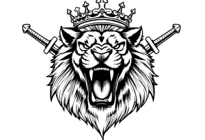 Fierce lion roaring, crown tilted, crossed swords framing its head. tattoo idea