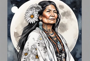 a beautiful 50-year-old Anishinaabe woman wearing black and white robes standing on the moon with a chrysanthemum tattoo idea