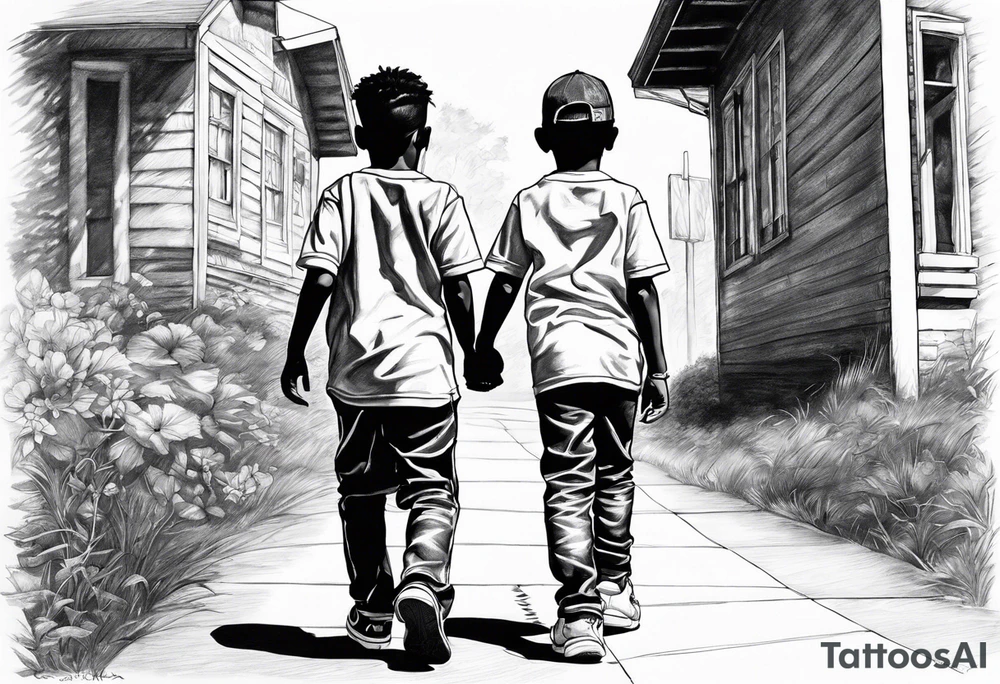 3 black school age brothers walking away together  you can see their full bodies and one is looking to the side showing the side of his face tattoo idea