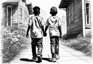 3 black school age brothers walking away together  you can see their full bodies and one is looking to the side showing the side of his face tattoo idea