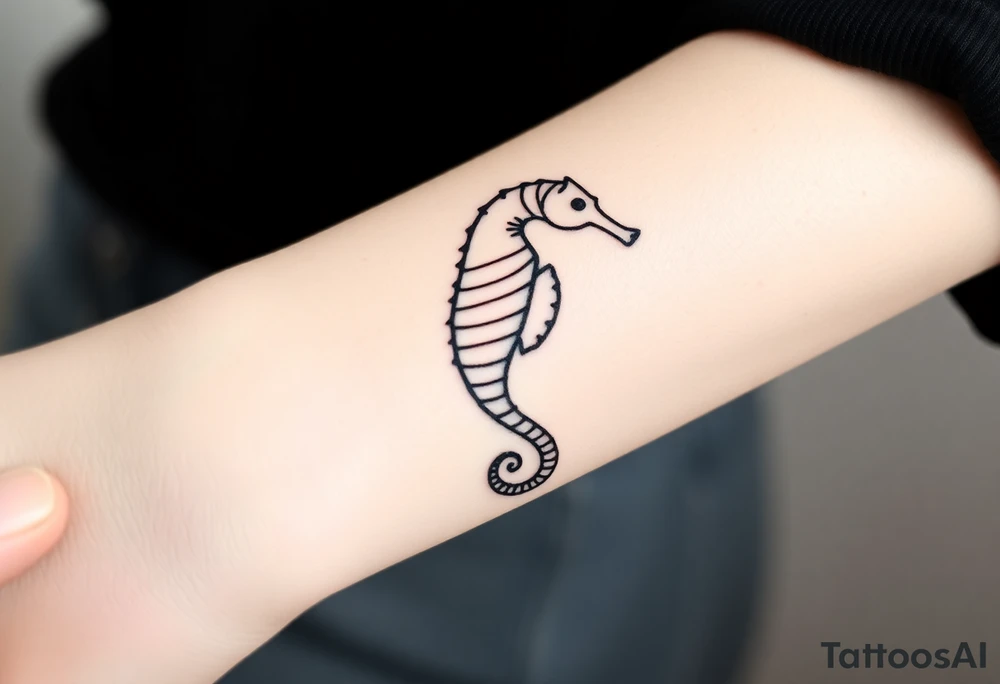 A sleek black ink seahorse outline, its body adorned with minimalist wave patterns. tattoo idea