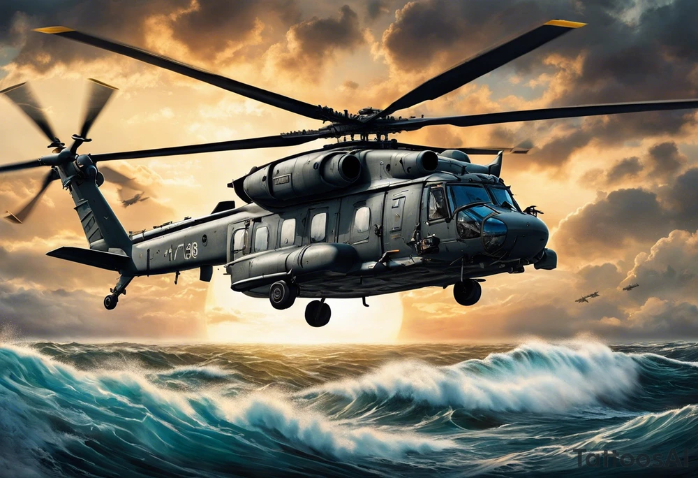 A cinematic-style tattoo depicting a Canadian military CH-148 Cyclone helicopter performing a daring maneuver over a turbulent ocean. The sky should be filled with dramatic clouds, and the sun should be setting, casting long shadows. The helicopter should be the main focus, with intricate details and a sense of motion tattoo idea