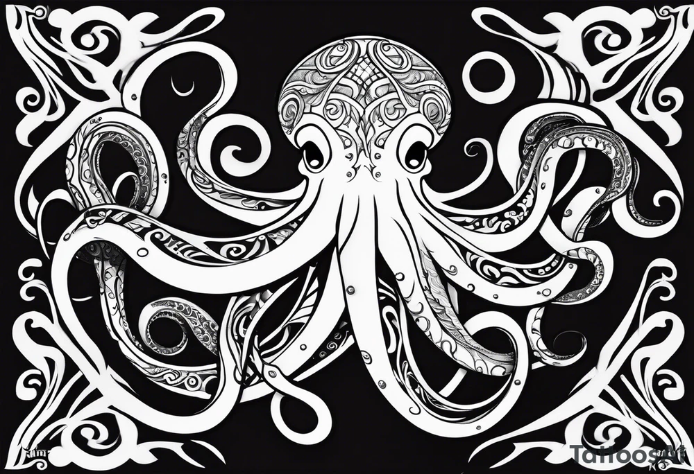 Hawaii tribal octopus with thick lines, less detail, and water waves tattoo idea